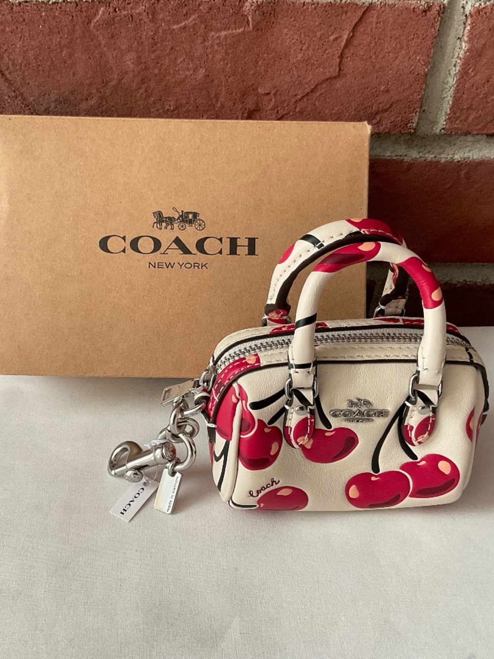 Coach Rowan Mini Bag Charm Cherry Print Leather Silver Hardware Multi NWT - Picture 2 of 16